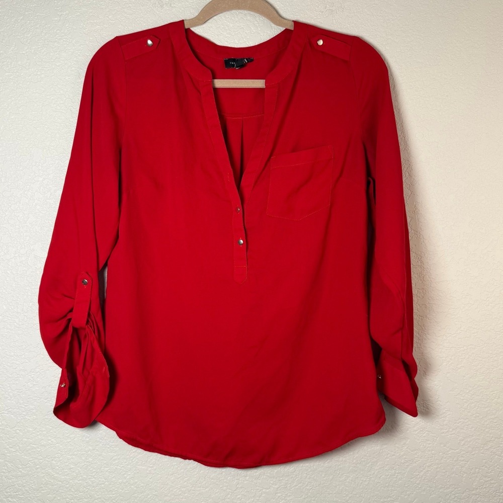 The Limited Red Blouse Small Roll Tab Long Sleeve Button Pocket Top